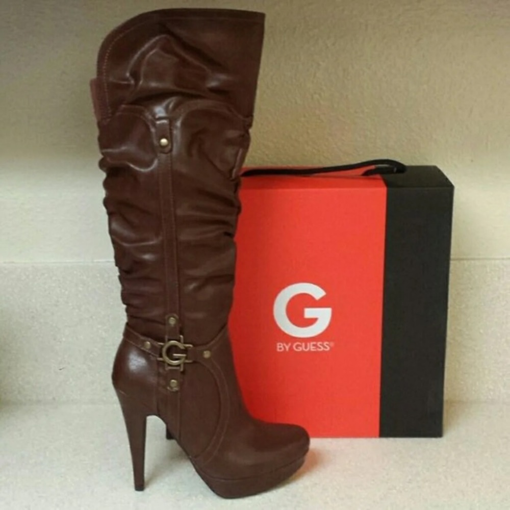 GUESS BROWN LEATHER PLATFORM BOOTS 6.5